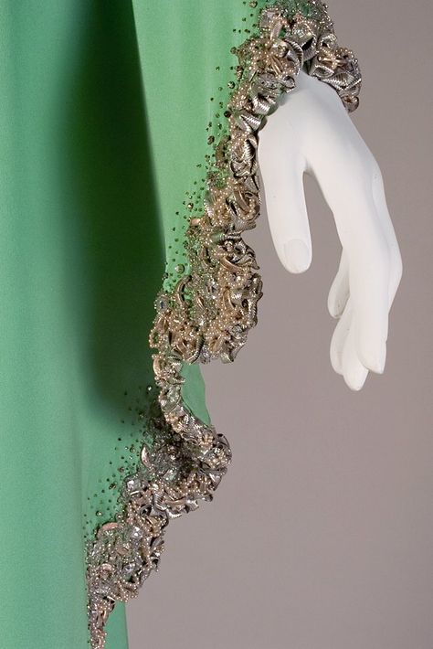 Detail of the Lesage embroidery on a sleeve edge of a green silk dress, Valentino, ca. 1960. Valentino Embroidery, Lesage Embroidery, Embroidery Couture, Fusion Dance, Green Silk Dress, Haute Couture Embroidery, Tambour Beading, Kent State University, Kent State