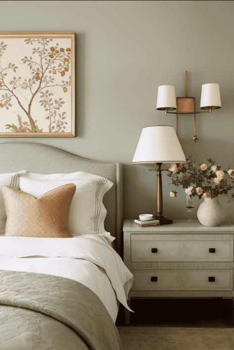 Benjamin Moore October Mist the Perfect Sage Green Paint Color Benjamin Moore Green Bedroom, Paint Colors Playroom, Bm October Mist, Bedroom Paint Colors Benjamin Moore, Nancy Meyers Bedroom, Green Paint Colors Bedroom, Redoing Room, Green Bedroom Paint, October Mist