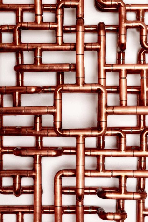 For Sale on 1stdibs - Title: Phosphoriglyph Year: 2015 Phosphoriglyph (“written upon Venus”) is a large-scale, wall-mounted sculpture executed entirely in half-inch copper tubing, Copper Art Sculpture, Copper Tube Projects, Copper Modern Art, Copper Decor Accents, Tube Sculpture, Copper Pipe Art Sculpture, Copper Pipe Art, Copper In Architecture, Copper Decoration