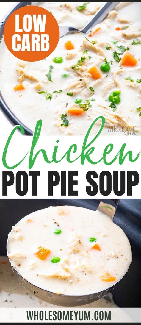 Crock Pot chicken pot pie soup is all the comfort of a pot pie, but much easier! This slow cooker chicken pot pie soup recipe is super creamy, healthy, and naturally low carb. #wholesomeyum Low Carb Chicken Pot Pie, Gluten Free Chicken Pot Pie, Paleo Chicken Pot Pie, Chicken Pot Pie Soup Recipe, Pot Pie Soup Recipe, Healthy Chicken Pot Pie, Ground Beef Keto Recipes, Cauliflower Sauce, Soup Keto