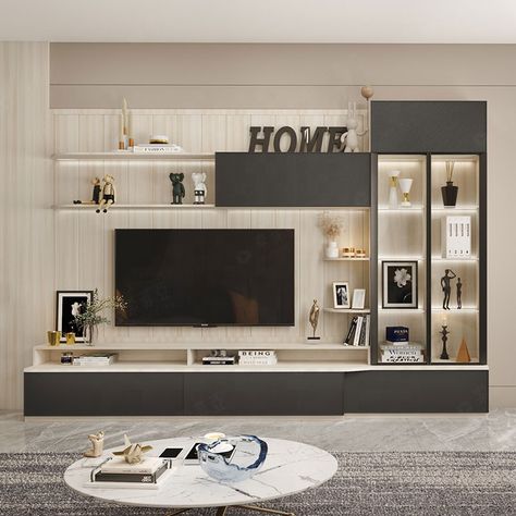 Glass Tv Unit Decor Ideas, Tv Cabinet With Shelves, Tv Socase Design, Tv Cabinet With Showcase, Showcase With Tv Unit, Full Wall Tv Unit With Storage, Tv Cabinet Interior Design, Tv Unit Showcase, Tv Unit With Showcase Design