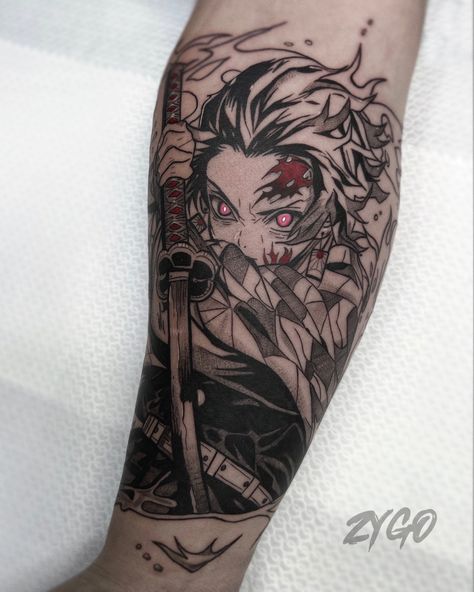 Tanjirou Kamado, tattoo, blood, black and white Tanjiro Eyes Tattoo, Anime Sleeve Tattoos For Guys, Demon Slayer Tattoo Ideas Tanjiro, Tanjiro Tattoo Ideas, Black And Red Sleeve Tattoo, Anime Tattoos Demon Slayer, Anime Tattoo Ideas For Men, Tanjiro Rage, Men Tattoo Ideas Forearm Half Sleeves