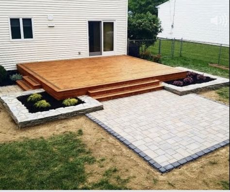 Deck That Leads To Patio, Stone And Decking Patio, Deck And Pavers Combo, Patio Deck Designs Small Yards, Deck With Cement Patio, Pavers And Deck Backyard, Concrete Patio With Wood Deck, Deck With Levels, Deck To Yard Transition