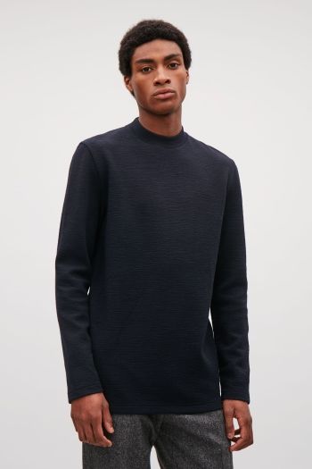 COS image 1 of Textured mock-neck top  in Navy Design Wardrobe, Sweater Men, Mock Neck Top, Mock Neck Sweater, Innovative Design, Innovation Design, Neck Sweater, Mock Neck, Wardrobe Essentials