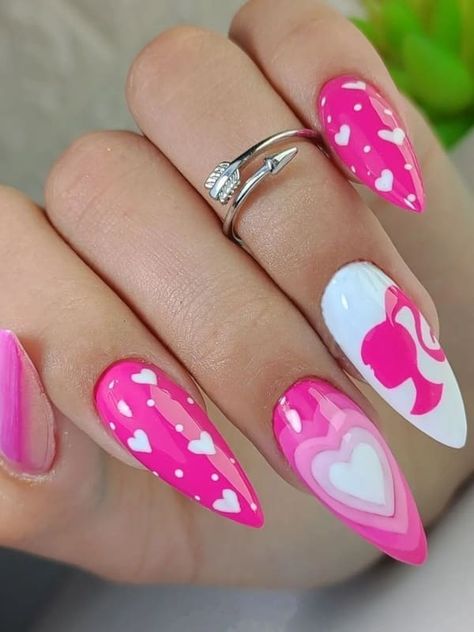 Barbie silhouette accent Pink And White Nails, Barbie Pink Nails, Barbie Nails, New Nail Art Design, Cute Short Nails, Hot Pink Nails, Simple Nail Art Designs, Pink Nail Designs, Nagel Inspo