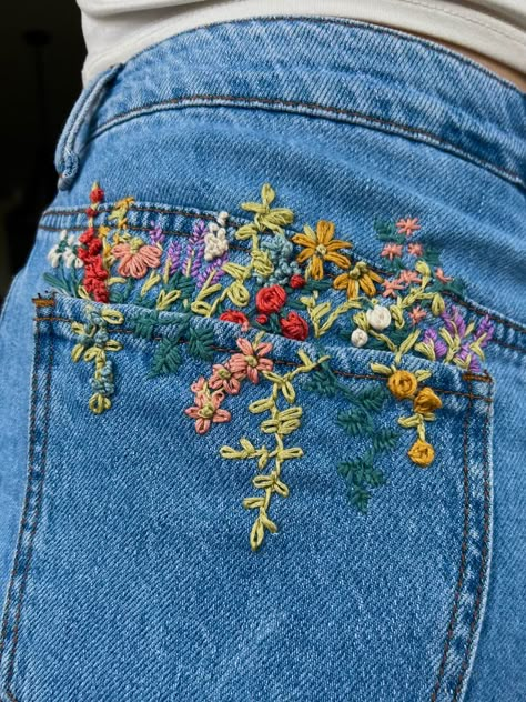 Pants embroidery, embroidery, wildflowers, flower embroidery Embroidery Pants Jeans, Embroidery On Pants, Jean Embroidery, Embroidery Jeans Jacket, Embroidery Jeans Diy, Jeans Embroidery, Jacobean Embroidery, Embroidery Pants, Flower Jeans