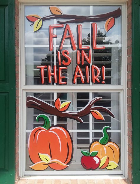 Isn't it one of mother natures best gifts when you smell that first whiff of fall air?  Crisp, cool, fresh, yet cozy. Commemorate the vibe with some funky window art in your home, storefront or workplace. Window Pane Painting, Window Drawing Ideas, Fall Window Painting, Fall Window Decorations, Fall Painting Ideas, Autumn Window Display, Corn Painting, Painted Window Art, Fall Windows