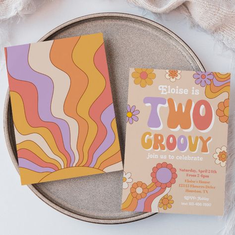 Two Groovy Birthday Invitation | Groovy Birthday - Birthday Invitation Groovy Invitation Template, Groovy Birthday Invitation, Luna Flower, 2 Groovy, Two Groovy Birthday, Hippie Birthday Party, Twelfth Birthday, Retro Invitation, 70s Theme