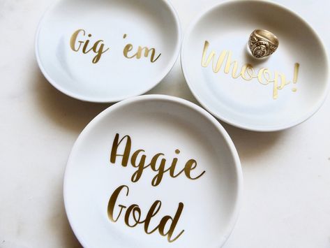 Cute Jewelry Dish, Aggie Ring Dunk, Aggie Ring Day, Aggie Ring, Gig Em Aggies, Ring Day, Texas Aggies, Texas A M University, Gold Vinyl