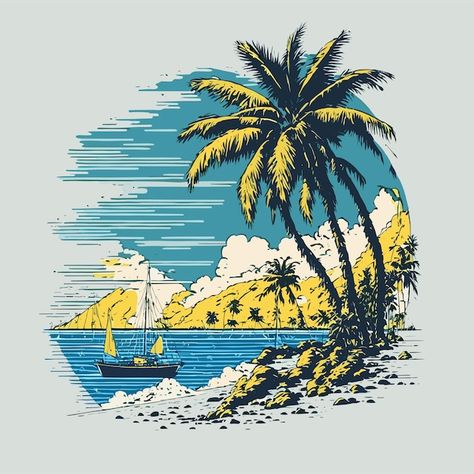 Vector tropical island with trees tshirt... | Premium Vector #Freepik #vector #hawaii #island #beach-tree #beach Palm Tree Illustration, Beach Tree, Tree Tshirt, Flame Art, Tree Illustration, Hawaii Island, Flyer Maker, Business Card Maker, Tropical Island