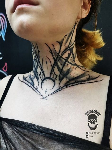 130+ Cool Throat Tattoos Ideas With Meanings (2022) - TattoosBoyGirl Small Throat Tattoo, Throat Tattoo Ideas, Horned Woman, Chest Neck Tattoo, Throat Tattoos, Front Neck Tattoo, Ornamental Tattoos, Indie Tattoo, Throat Tattoo