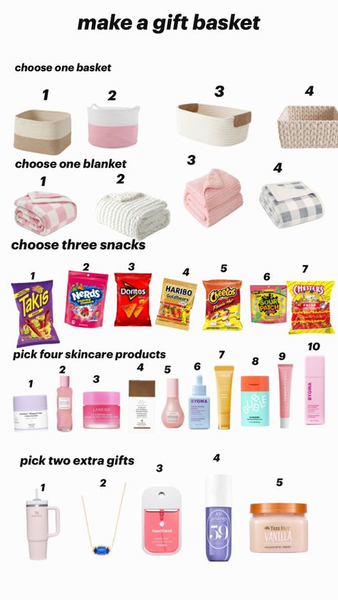 preppy gift basket ideas for friends/family Things To Put In A Gift Basket Friends, Make A Gift Basket Preppy, Comfy Basket Gift Ideas, Burr Basket Ideas For Bestie, Birthday Gift Basket For Friend, Pink Items For Gift Basket, Turning 30 Gift Basket, Girly Christmas Gift Basket, Gifts For Best Friends Baskets