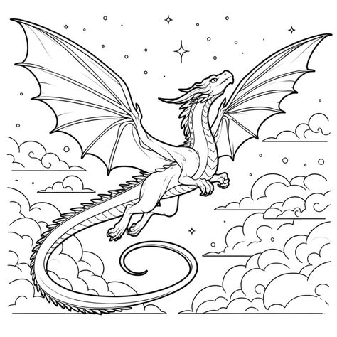 Flying Dragon Illustration, Fourth Wing Coloring Pages, Skyrim Coloring Pages, Mythical Coloring Pages, Simple Dragon Sketch, Dragon Drawing Sketches Simple, Dragon Colouring Pages, Greek Mythology Coloring Pages, Cute Dragon Illustration