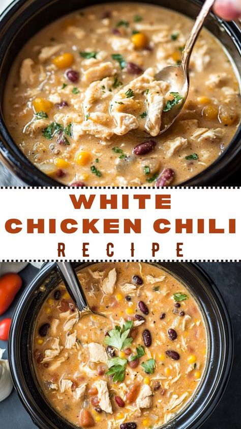 Warm up with this tasty White Chicken Chili! This easy recipe combines tender chicken, creamy white beans, and zesty spices for a flavorful and satisfying meal. Perfect for cozy nights or family gatherings. Enjoy it with toppings like cheese and cilantro! White Bean Chili Chicken Crockpot, Soup Recipes White Chicken Chili, White Chilli Chicken Recipe Instapot, Rotisserie Chicken Chili Real Simple, White Chicken Chili With Beans, White Chicken Chili With Black Beans, Quick White Chicken Chili, White Chicken Chili Freezer Meal, White Chicken Chicken Chili