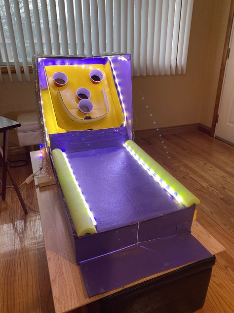 Diy Basketball Arcade Game Cardboard Boxes, Diy Skee Ball Homemade, Arcade Games Cardboard, Carnival Skeeball, Cardboard Box Games Diy, How To Make A Cardboard Arcade Game, Cardboard Skeeball Game, At Home Arcade Games Diy, Arcade Games Diy Cardboard Boxes