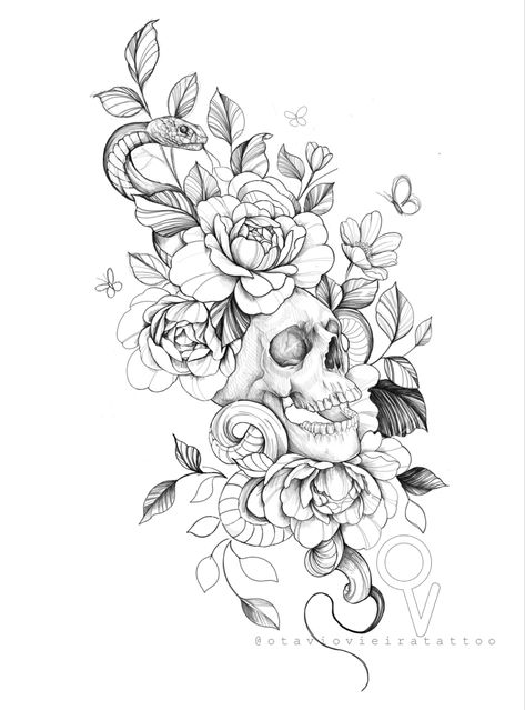 @otavioblacktattoo Snake Tattoo Flowers, Botanical Skull Tattoo, Cover Up Tattoos Flowers, Skull And Flowers Tattoo Design, Thigh Tattoos Women Unique, Snake With Flowers Tattoo, Snake And Skull Tattoo, Skull And Flower Tattoo, Skull Flower Tattoo