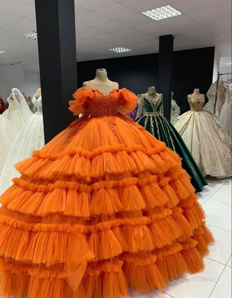 Orange Big Dress, Orange Ballroom Dress, Orange Puffy Dress, Orange Sweet 16, Orange Princess Dress, Baby Girl Frocks Princesses, Gown Reference, Orange Quince, Quince Doll