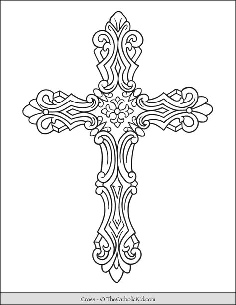 Cross Coloring Page - Ornate - TheCatholicKid.com Ornate Cross Drawing, Cross Coloring Pages Free Printables, Ornate Cross Tattoo, Gothic Cross Drawing, Coptic Art Pattern, Gothic Cross Tattoo, Cross Mandala, Baptismal Candle, Cross Coloring Page