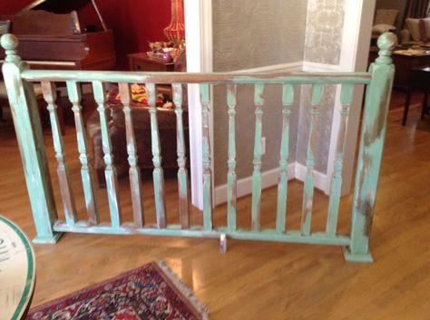 Repurposed headboard from an old house railing. Available for sale with all profits donated to local Genesis ?Mission. House Railing, Crib Repurpose, Porch Details, Spindle Headboard, Sunken Lounge, Repurposed Headboard, Crib Rail, Reclaimed Wood Projects, Porch Railing