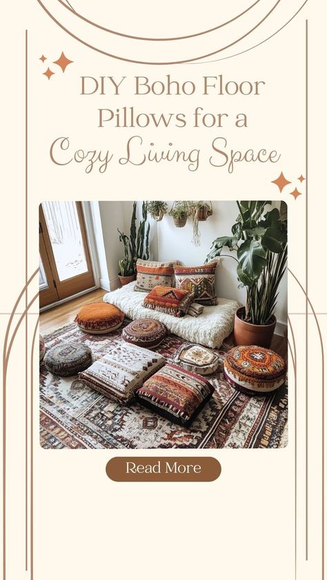 Bring comfort and style to your living space with DIY boho floor pillows! These large, plush pillows are perfect for creating a cozy, relaxed vibe, whether you're lounging, reading, or entertaining. Choose bold patterns and earthy textures to enhance the boho feel in your home. 🌿🛋 #BohoFloorPillows #DIYHomeDecor #CozyLivingRoom #BohoVibes Boho Floor Pillows, Earthy Textures, Boho Floor, Boho Throw Pillows, Cozy Living Spaces, Diy Boho, Bold Patterns, Boho Living, Boho Pillow