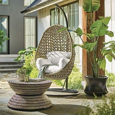 Mason Hanging Egg Chair with Stand Teak Rocking Chair, Hanging Egg Chair, Grandin Road, Outdoor Furniture Collections, Custom Cushions, Hammock Chair, Outdoor Wicker, Furniture Collections, Cool Chairs