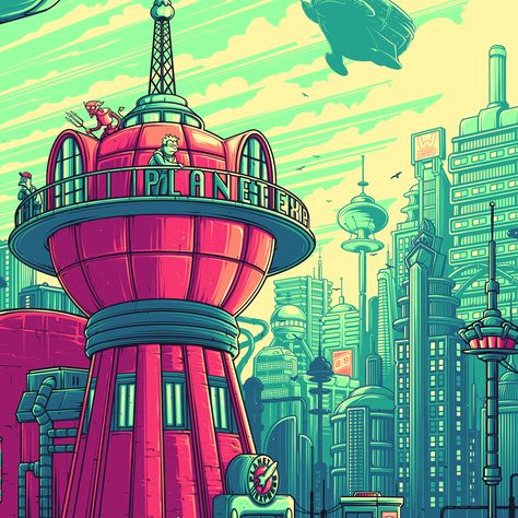 FUTURAMA — DAN MUMFORD Film Posters, Books, Comics, Futuristic City, Futurama, Books Wattpad, Comic Books, Wattpad, Book Cover