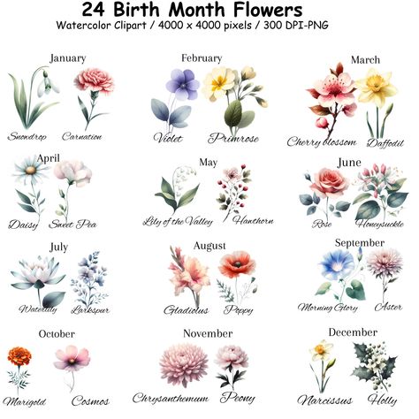 Four Birth Flower Tattoos, Spring Wild Flower Wedding Theme, Birth Month Flowers In Color, Flowers For Birth Month, Birth Month Flower Chart, July Month Flower, July Birthday Flower, Month Birth Flowers, Birth Flowers By Month