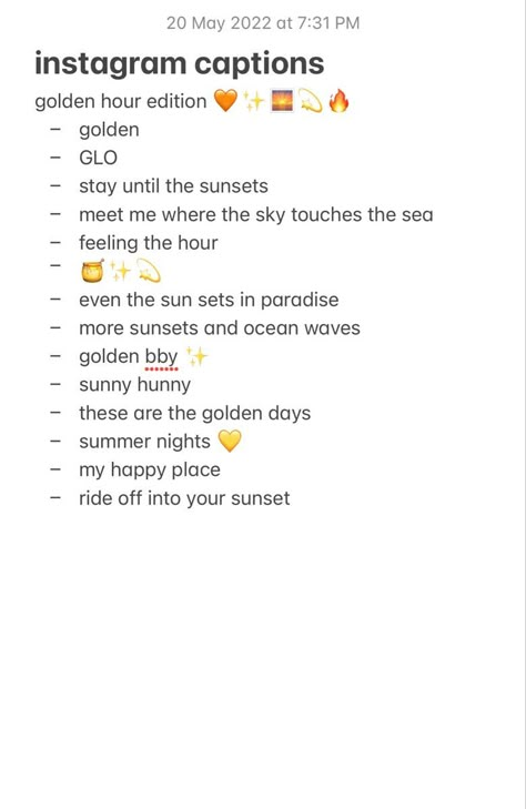 golden hour/sunset captions instagram 🧡 Sunsets Caption For Instagram, Sunset Photography Captions, Sunrise And Sunset Captions, Instagram Caption For Sunset Pic, Caption For Instagram Sunset Post, Sunset Pic Quotes, Golden Hour Aesthetic Captions, Captions For Polaroid Pics, Sunset Beach Instagram Captions