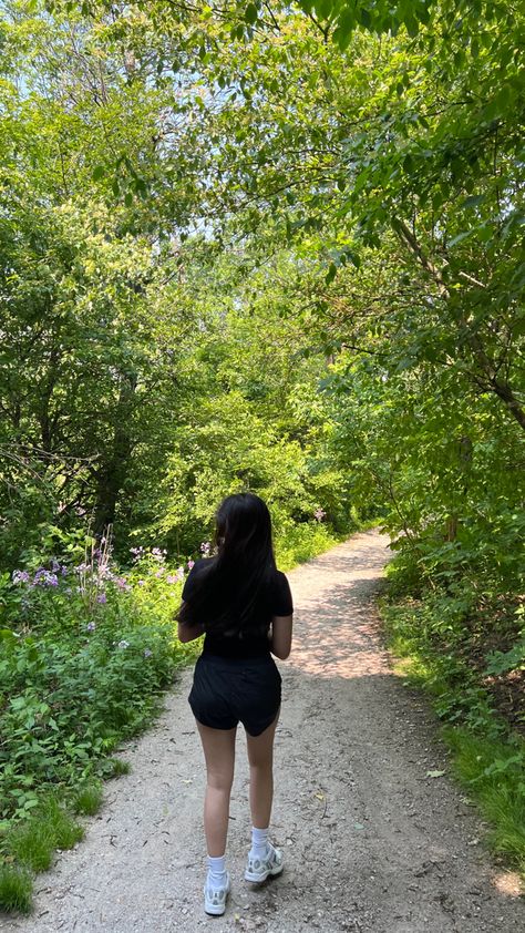 Walking in Summer photo inspo, trail walking, hiking, outfits for walking, forest photo inspo, new balance for walking Long Walk Outfit Summer, Nature, Walking Outdoors Aesthetic, Walk Asthetic Pics, Walking Asthetic Pic, Woman Walking Aesthetic, Walking Astethic, Walking Trail Aesthetic, Taking Walks Aesthetic