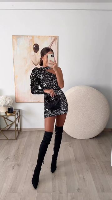 Cocktail Dress With Boots, Outfit Semiformal, Dress Boots Outfit, New Years Eve Dress, One Shoulder Mini Dress, Winter Dress Outfits, Red Carpet Ready, Party Clothes, New Years Eve Outfits