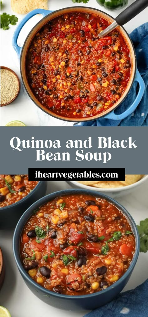 This delicious quinoa and black bean soup is easy to make and loaded with vegetables! Try this hearty plant-based recipe when you need something filling and healthy! Quinoa Plant Based Recipes, Mexican Quinoa Soup, Black Bean And Quinoa Soup, Quinoa Veggie Soup, Soup With Quinoa Vegetable, Black Bean Quinoa Soup, Black Bean Soup Vegetarian, Veggie Quinoa Soup, Quinoa Black Bean Stuffed Peppers