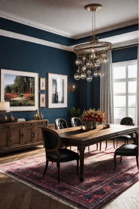 Cozy and inviting dining room with rustic farmhouse decor Dark Turquoise Dining Room, Bold Blue Dining Room, Slate Blue Dining Room Walls, Dining Room Decoration Ideas, Dark Blue Wall Dining Room, Navy Blue And Gold Dining Room, Dark Blue Accent Wall Dining Room, Modern Victorian Decor Dining Room, Blue And Wood Dining Room