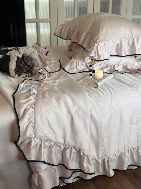 Romantic Room Design Romantic Room Design, Jia Mindset, Ruffle Blanket, Soft Coquette, Silk Bed Sheets, Blanket Comforter, Stylish Bedding, Comforter Blanket, Pink Comforter