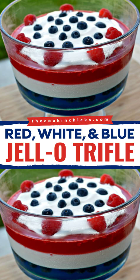 Looking for simple 4th of July desserts! Learn how to make this easy layered jello dessert that features tasty flavors and red, white, and blue colors in every bite! This fourth of July jello trifle will be a hit at any gathering! Deserts For July 4th, 7 Layer Flag Dip For 4th Of July, 4th Of July Jello Salad, Fourth Of July Jello Desserts, 4th Of July Trifle Desserts, Food For The 4th Of July, 4th Of July Jello Desserts, 4th Of July Party Food For A Crowd, Fourth Of July Jello