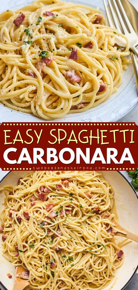 Here's a simple weeknight dinner recipe for you! This Spaghetti Carbonara is a classic pasta dish made with spaghetti, eggs, freshly-grated Pecorino Romano cheese, and bacon. Pin this delicious weeknight meal! Cabonara Recipes, Easy Carbonara Recipe, Bacon Carbonara, Chicken Carbonara Recipe, Spaghetti Carbonara Recipe, Spaghetti Recipes Easy, Pasta Carbonara Recipe, Chicken Carbonara, Carbonara Sauce