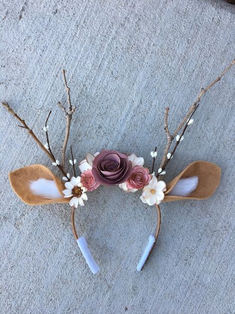 Deer Antlers Costume, Deer Costume For Kids, Pola Top, Costume Fleur, Headband With Flowers, Deer Headband, Deer Ears, Anting Manik, Deer Costume