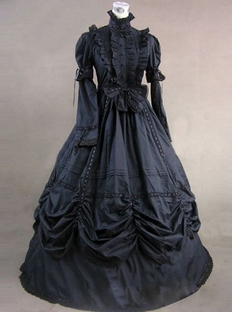 Classic Black High Collar Gothic Victorian Short Sleeve Long Dress - Magic Wardrobes Gothic Victorian Fashion Aesthetic, Black Gothic Dress Long, Victorian Fashion Aesthetic, Purple Victorian Dress, Victorian Skirts, Long Gown Elegant, Victorian Gothic Dress, Black Victorian Dress, Raspberry Powder