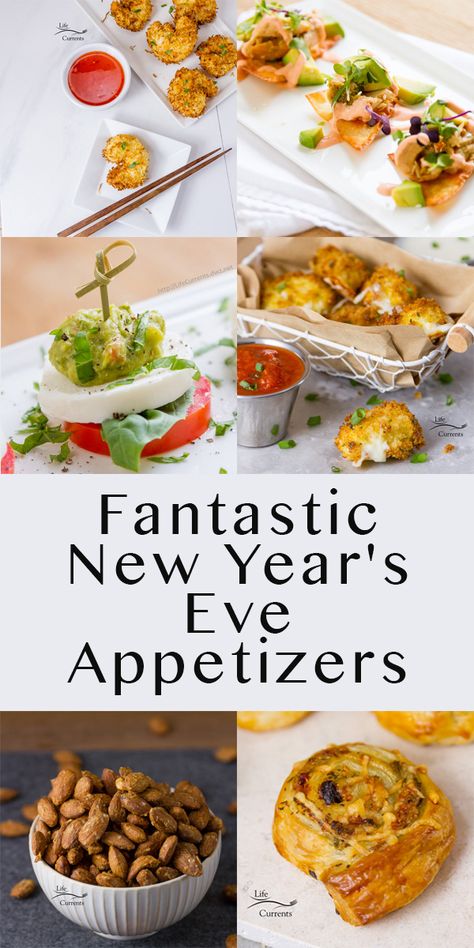 collage of 6 appetizer images with the title in th emiddle - long pin for Pintrerest New Year’s Eve Appetizers, New Years Eve Appetizers, Party Food Easy Appetizers, New Years Appetizers, New Year's Eve Appetizers, Chicken Receipes, Party Food Dessert, Vegan Chicken, New Year's Eve Recipes