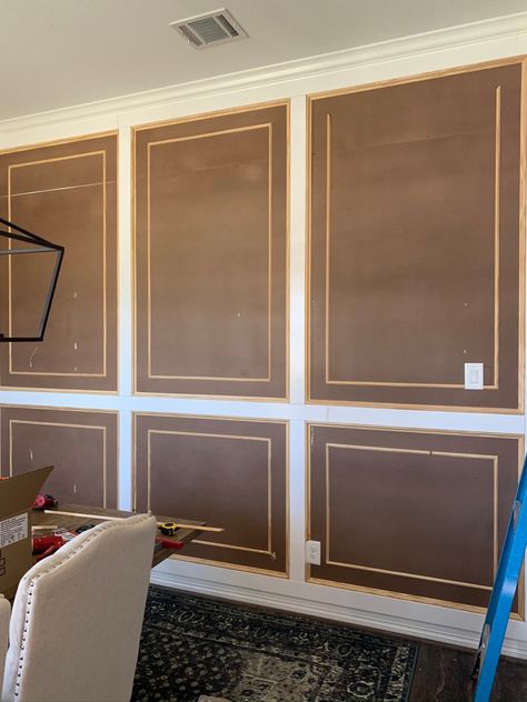 Double Raised Panel Feature Wall Tutorial - Pennies for a Fortune Inexpensive Feature Wall Ideas, Raised Panel Wainscoting, Raised Panel Walls, Judges Paneling, Hallway Panelling, Wainscoting Wall, Wall Panel Molding, Wall Panel Design, Butterfly Wall Decor