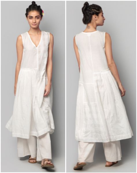 V neck, sleeveless flared long dress/ kurta Sleeveless V Neck Kurta, V Neck Sleeveless Kurti, Backless Kurti, V Neck Kurti Design, Kurta Ideas, Long Kurta Designs, Sleeveless Kurti, V Neck Kurta, Fashion Indian