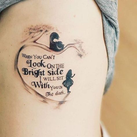 Alice in wonderland tattoo Chaotic Tattoo Ideas, Beautifully Broken Tats, Apprentice Portfolio, Disney Couple Tattoos, Tattoos Disney, Fingerprint Tattoos, Henne Tattoo, Alice And Wonderland Tattoos, Hidden Mickeys