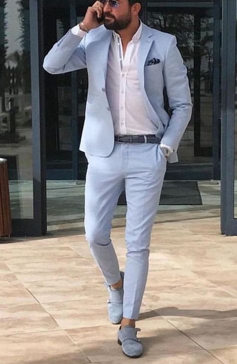 Sky Blue Wedding Suit for Men Mens Suits Sky Blue, Blue Mens Suit, Sky Blue Suit, Men Suits Blue, Linen Suits For Men, Beach Wedding Suits, Groom And Groomsmen Suits, Light Blue Suit, Blue Suit Men