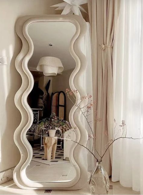 Wavy full body mirror | neutral room aesthetic Wavy Mirror Decor, Mirror Decor Bedroom, Squiggly Mirror, Mirror Interior Design, Mirror Full Length, Long Mirror, Wavy Mirror, Wave Wall, Full Body Mirror