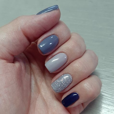 Navy Gray Nails, Greyish Blue Nails, Blue And Gray Nails, Blue And Grey Nails, Nails With Silver Glitter, White Nail Ideas, Nails With Silver, Gray Nail, Nails Health