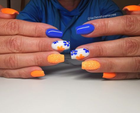 Orange Snd Blue Nails, Bright Blue And Orange Nails, Coral And Blue Nails Summer, Blue And Orange Dip Nails, Royal Blue Floral Nails, Blue White Orange Nails, Royal Blue And Orange Nail Designs, Blue And Orange Flower Nails, Blue And Orange Gel Nails