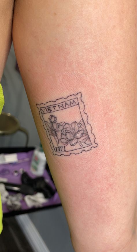 Vietnam Postage Stamp Tattoo, Lotus Stamp Tattoo, Made In Vietnam Tattoo, Vietnamese Tattoo Ideas Symbols, South East Asia Tattoo Ideas, Vietnamese Stamp Tattoo, Vienna Stamp Tattoo, Small Vietnamese Tattoo, Vietnam Stamp Tattoo