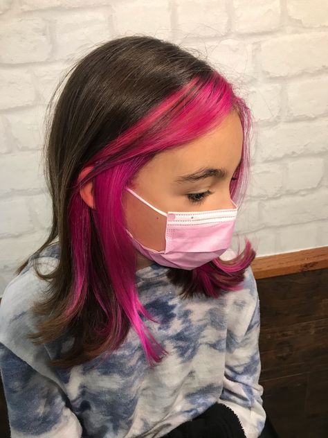 Preteen Hair Color Highlights, Inner Color Hair Long, Pink Front Hair Streaks, Hair Color For Kids Girls Summer, Pink Hair For Kids, Hot Pink Money Piece Hair, Colored Ends Of Hair Brunettes, Kid Highlights Hair, Kids Dyed Hair