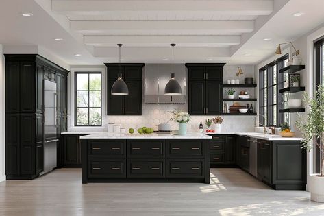 : Explore our wide range of black kitchen cabinet options, from modern to traditional styles. #kitchencabinets #blackcabinets Luxury Black Kitchen, Black And Copper Kitchen, White Kitchen Countertops, Kitchen Cabinet Samples, Kitchen Cabinet Inspiration, Stained Kitchen Cabinets, Modern Apartment Living Room, Maple Kitchen Cabinets, Paint Cabinets White