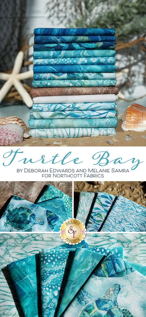 Turtle Bay by Deborah Edwards for Northcott Fabrics is a gorgeous ocean-themed fabric collection featuring sea turtles, sea weed, sea urchins, swirling tide, a single ombre print from beach to ocean, colorful texture prints, a border stripe and 24" x 42" panel to to make a turtle-themed bag for your next beach trip! Beach Theme Quilts Ideas, Beach Quilt Pattern, Ocean Quilt Pattern, Coastal Quilt Patterns, Ocean Themed Quilts, Ocean Quilts Ideas, Beach Quilts Ideas, Beach Theme Quilt Patterns, Beach Theme Quilt