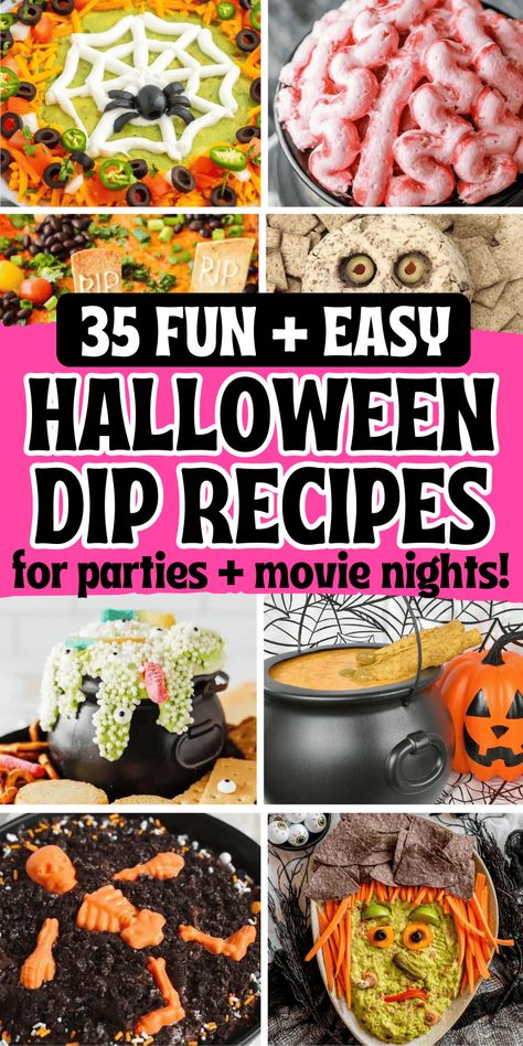 Easy Halloween dips for parties! Fun Halloween themed party dips including savory dip recipes and sweet dessert dips. From gross throw up queso dip and graveyard taco dip to cute halloween dessert dip for kids, you’ll love these easy halloween party appetizers. Cheap potluck ideas for Halloween, easy halloween desserts, halloween crockpot dip, creepy appetizers, adult halloween party food, halloween camping food ideas, simple halloween snacks, halloween charcuterie, spooky dips, movie night ... Halloween Layered Dip, Cheap Potluck Ideas, Cheap Potluck, Spooky Potluck Food, Halloween Dips For Parties, Creepy Appetizers, Savory Dip Recipes, Halloween Dessert Dip, Halloween Crockpot